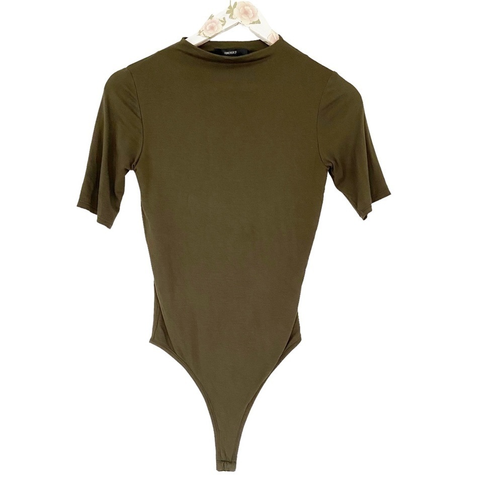 Forever 21 Women’s Bodysuit Top Mock Neck Elbow Sleeve Size Small Olive Green